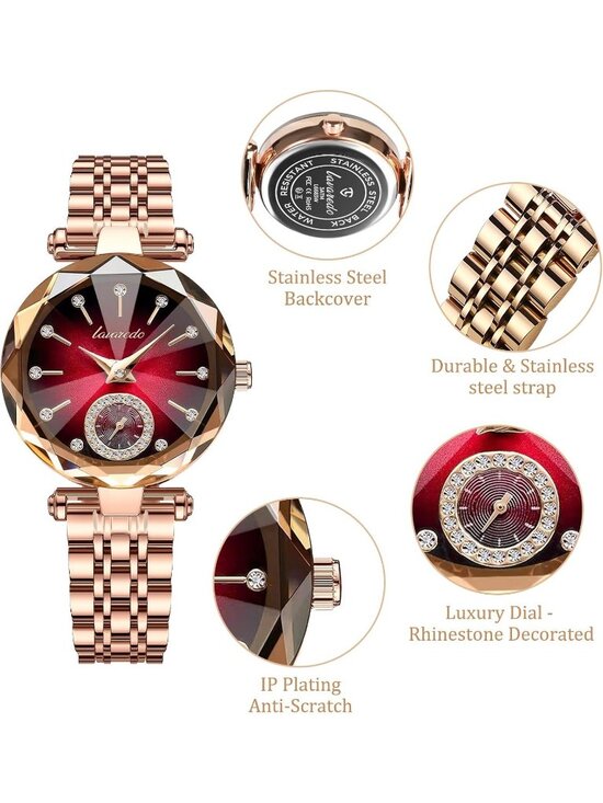 Womens Gold Red Elegant Stainless Steel Analog Creative Diamond Dial Wrist Watch main image 7